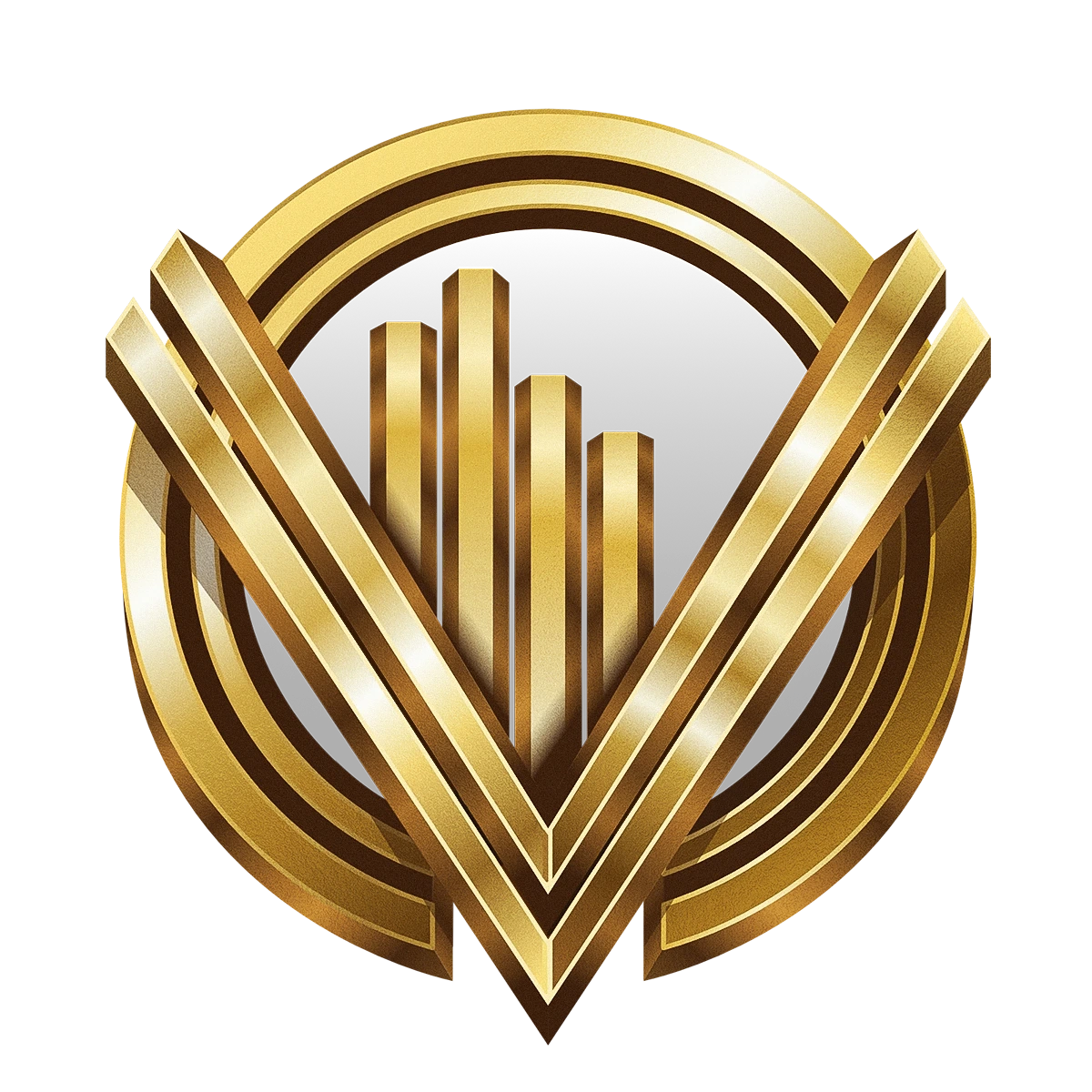 The logo mark for valorev llc. It is a golden 3d version of their logo, which has a letter V overlaid on a letter C which is facing down.